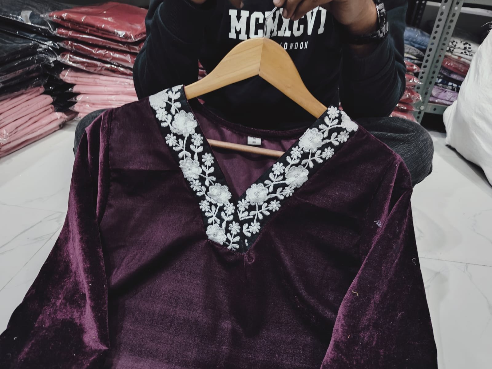 Wine Pure Velvet Suit Set with Thread Embroidery